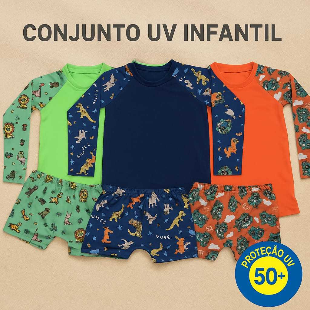 Conjunto Infantil Menino Camisa UV Manga Longa e Sunga Boxer