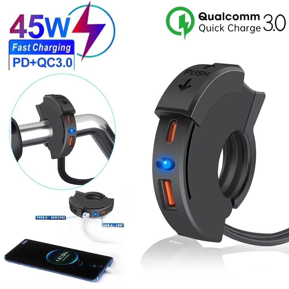 Carregador Rápido USB QC 3.0 e Tipo C PD 12V para Moto e Bike