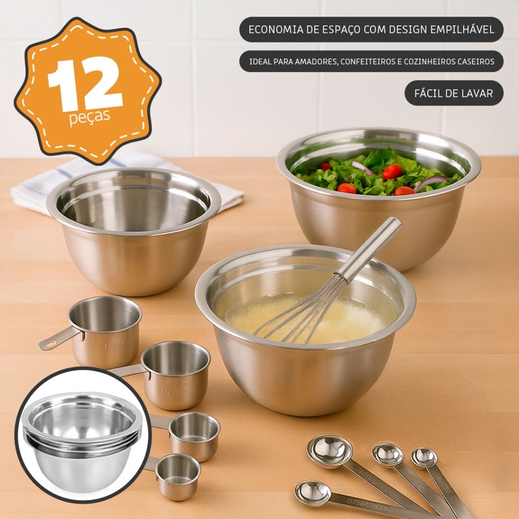 Conjunto 12 Peças Inox com Tigelas, Copos, Colheres Medidoras e Fouet