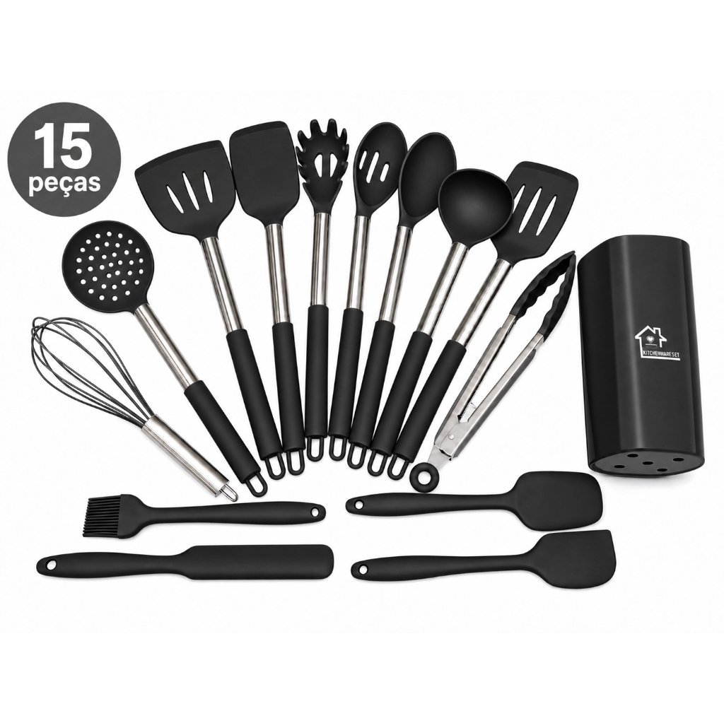 Kit Cozinha Silicone com Cabo de Aço Inox 15 peças