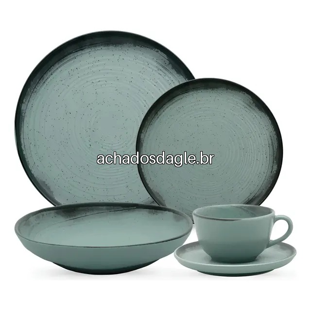 Aparelho de Jantar e Chá 20 Peças Cerâmica Flat Pacifico Oxford Azul Turquesa e Verde Água