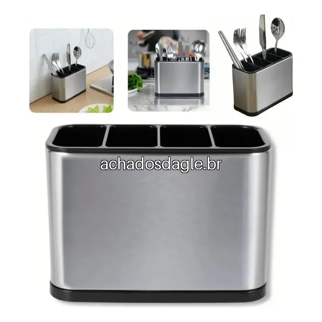 Porta Talheres Escorredor Organizador Aço Inox 4 Divisórias Prateado