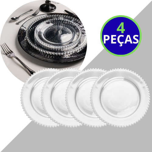 Kit Jogo 4 Pratos Rasos Wolff Pearl de Cristal 28cm com Borda de Bolinhas