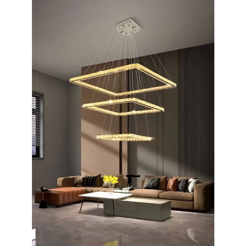 Lustre Pendente Cristal Aliança Quadrado 160w 3 Cores De Luz D730