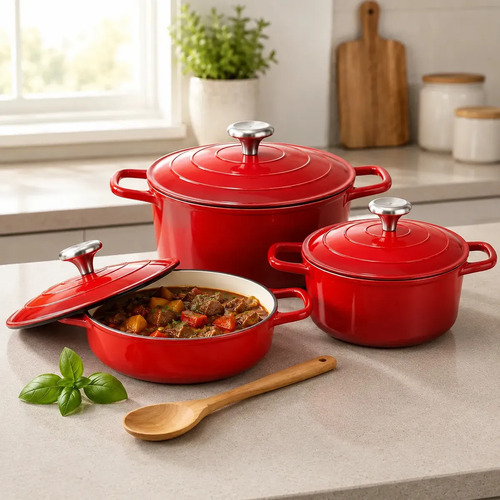 Jogo de 3 Panelas de Aluminio com Revestimento Ceramico Antiaderente e Tampa Vermelho