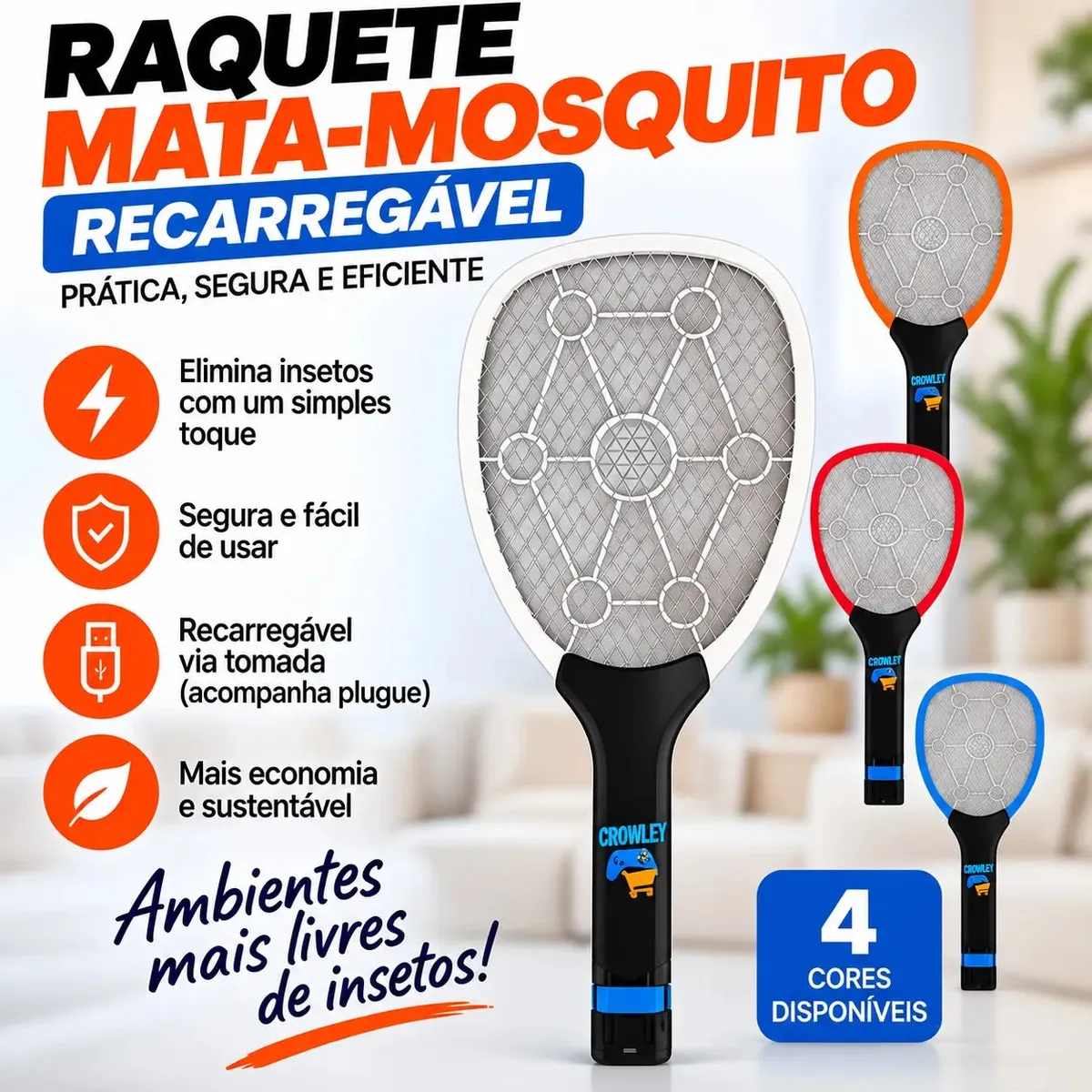 Raquete Elétrica Crowley Bateria Recarregável Bivolt
