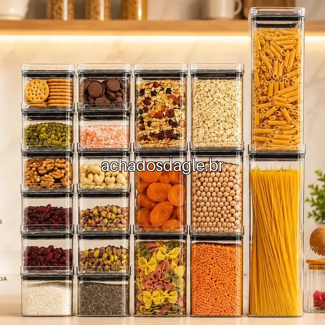 Kit 20 Potes Porta Mantimento Herméticos 2,3l 1,1l 500ml Acrílico Empilhável Transparência Cristal
