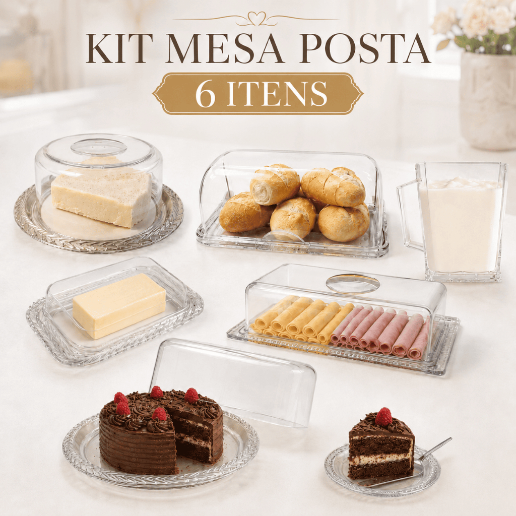 Kit Mesa Posta Café da Manhã com Porta Pão, Boleira, Queijeira e Manteigueira
