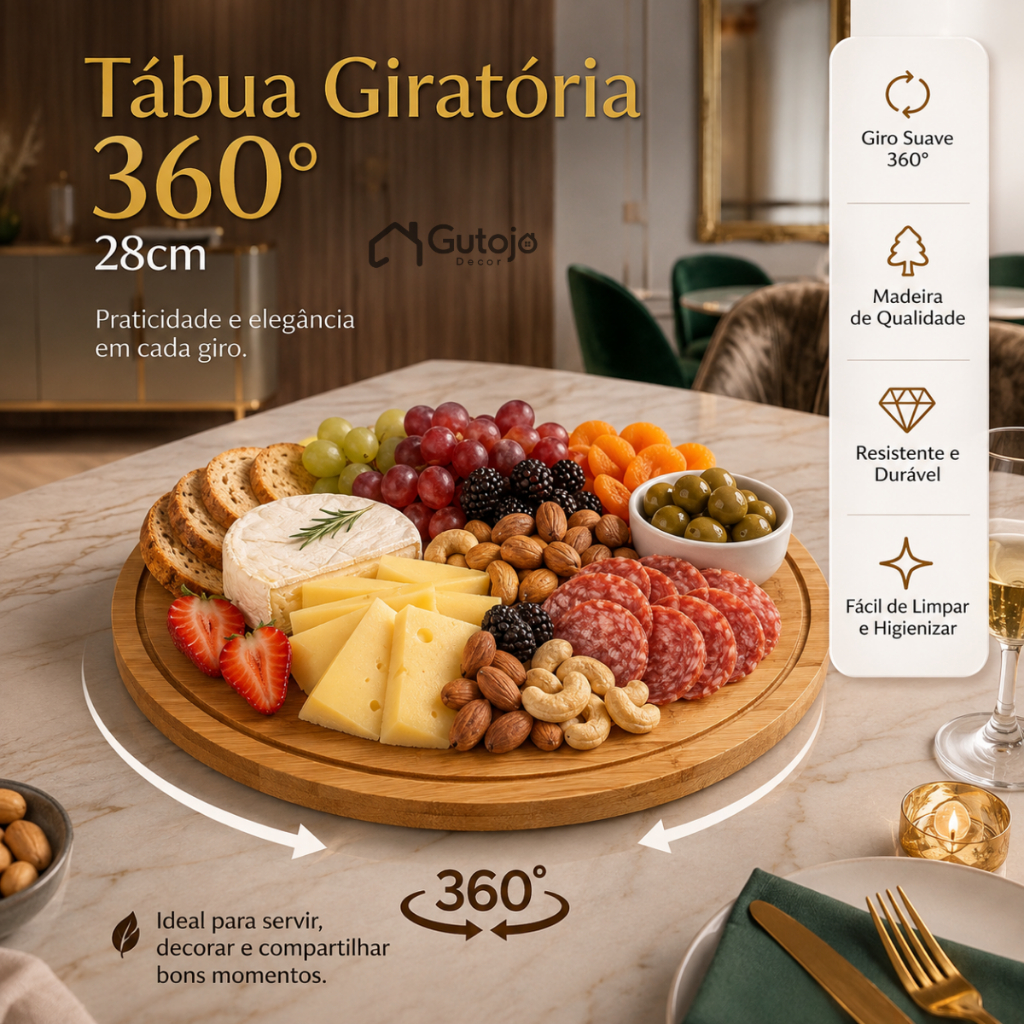 Tábua de Bambu Petisqueira com Base Giratória 360°