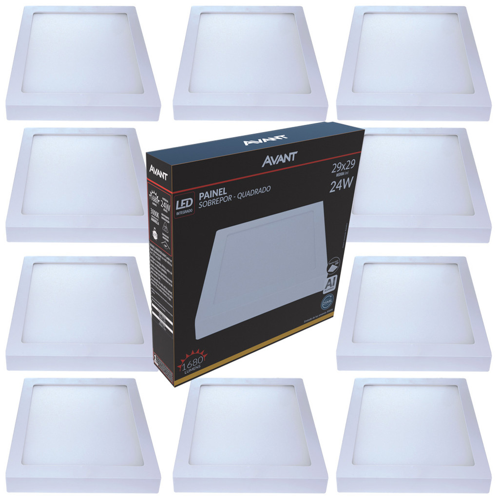 Kit 10 Painéis Plafon Sobrepor 24W Luz Amarela Bivolt Avant