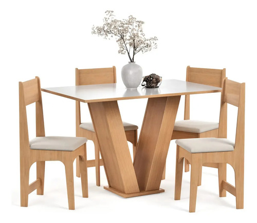 Conjunto Mesa de Jantar 4 Lugares com Cadeiras Estofadas Tampo Retangular