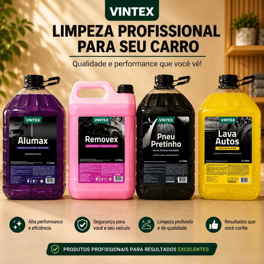 Kit Limpeza Automotiva Vintex Alumax, Removex, Pneu Pretinho e Lava Autos 1,5L