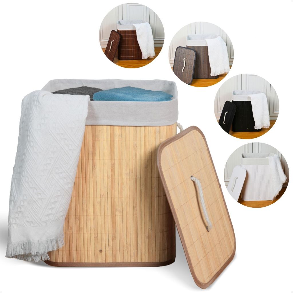 Cesto de Roupa Suja de Bambu 50L com Tampa e Alças