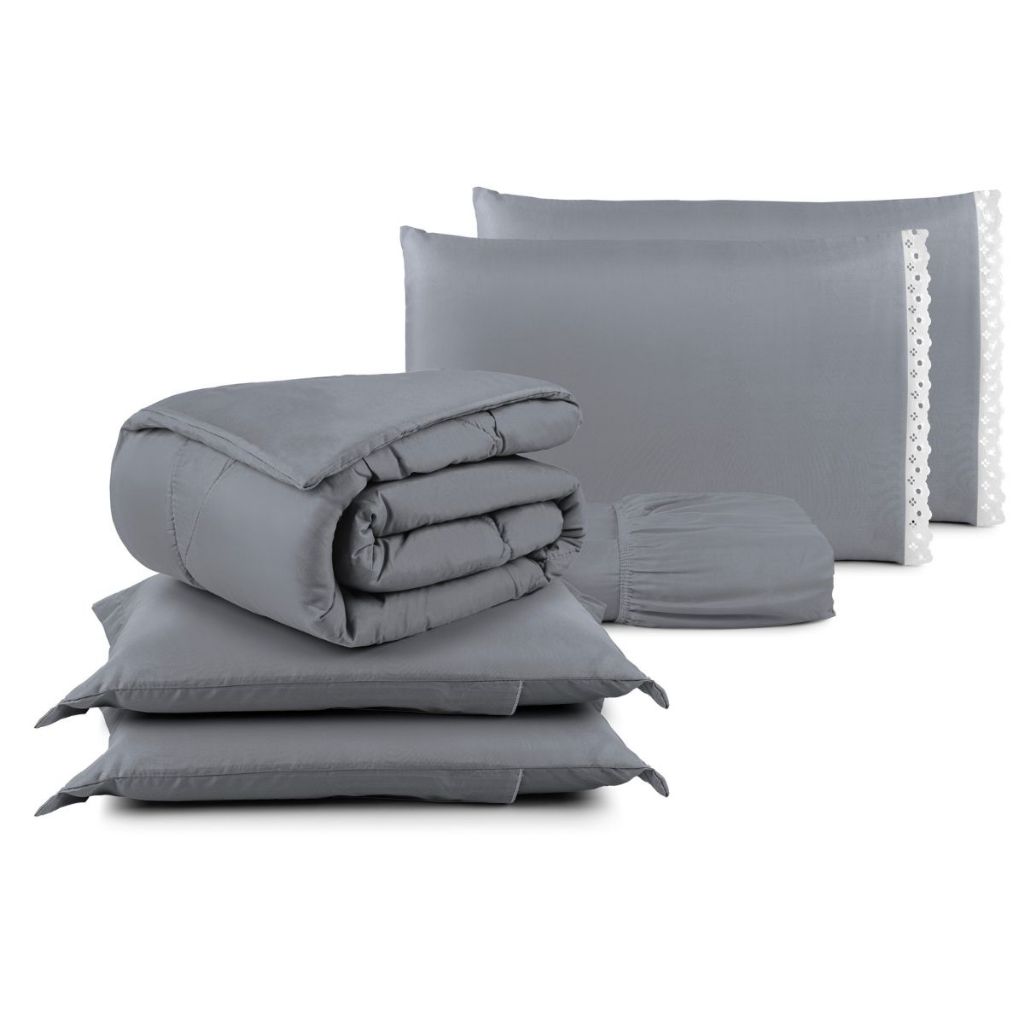 Jogo de Cama Kit 6 Pecas com Lencol e Fronha Bordado Ingles