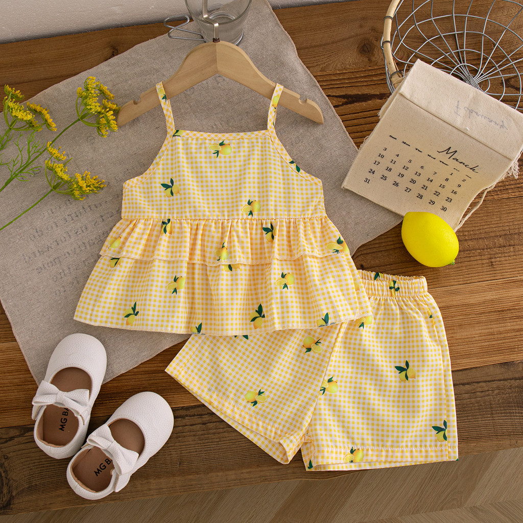 Conjunto de Roupas Xadrez Amarelas para Bebês Meninas 2 Peças