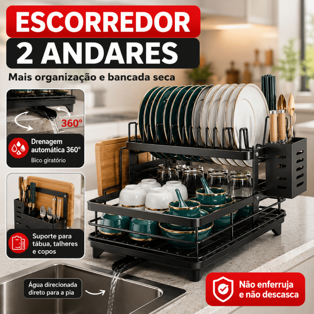 Escorredor de Louça Inoxidável 2 Andares com Bandeja 360 Graus