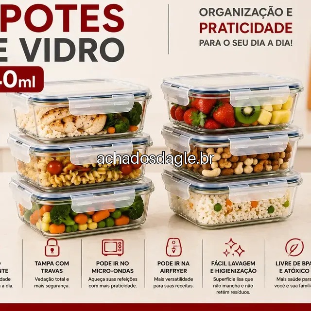 Kit 6 Potes 640ml Vidro Hermético 4 Travas Marmita Refratario Star House Com 4 Travas De Super ​Vedação Branco