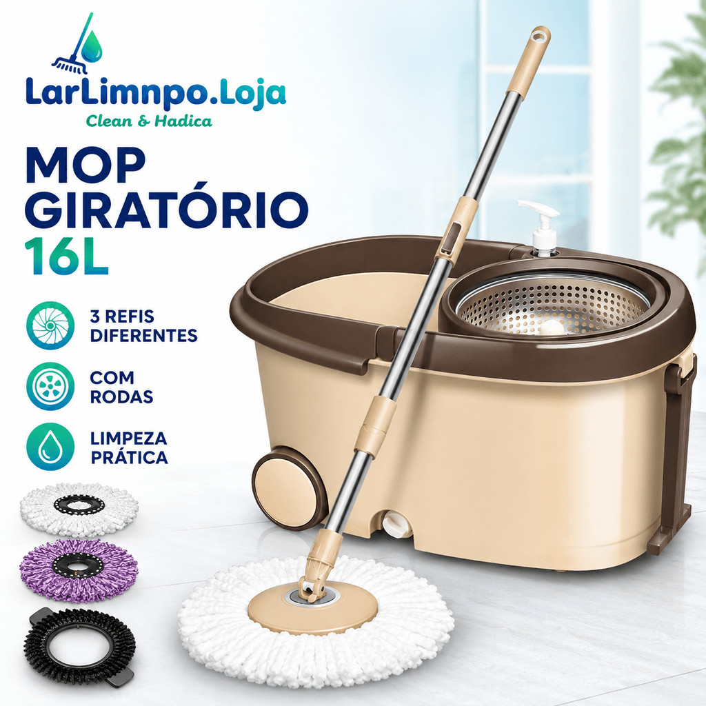 Esfregão Mop Giratório 16L com Cesto Inox Cabo 140cm e 3 Refis