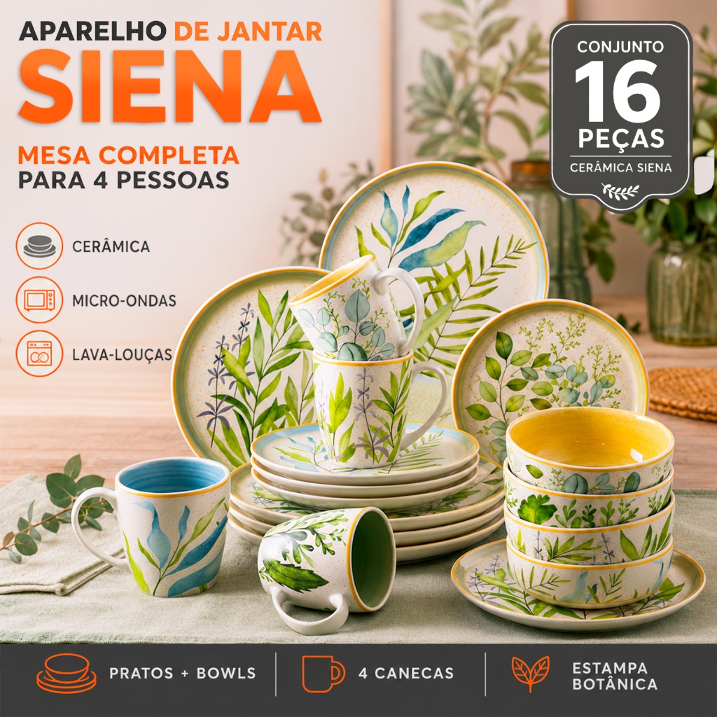 Aparelho de Jantar 16 Peças Cerâmica Siena com Bowls Pratos de Jantar e Sobremesa Rasos | Shopee Brasil