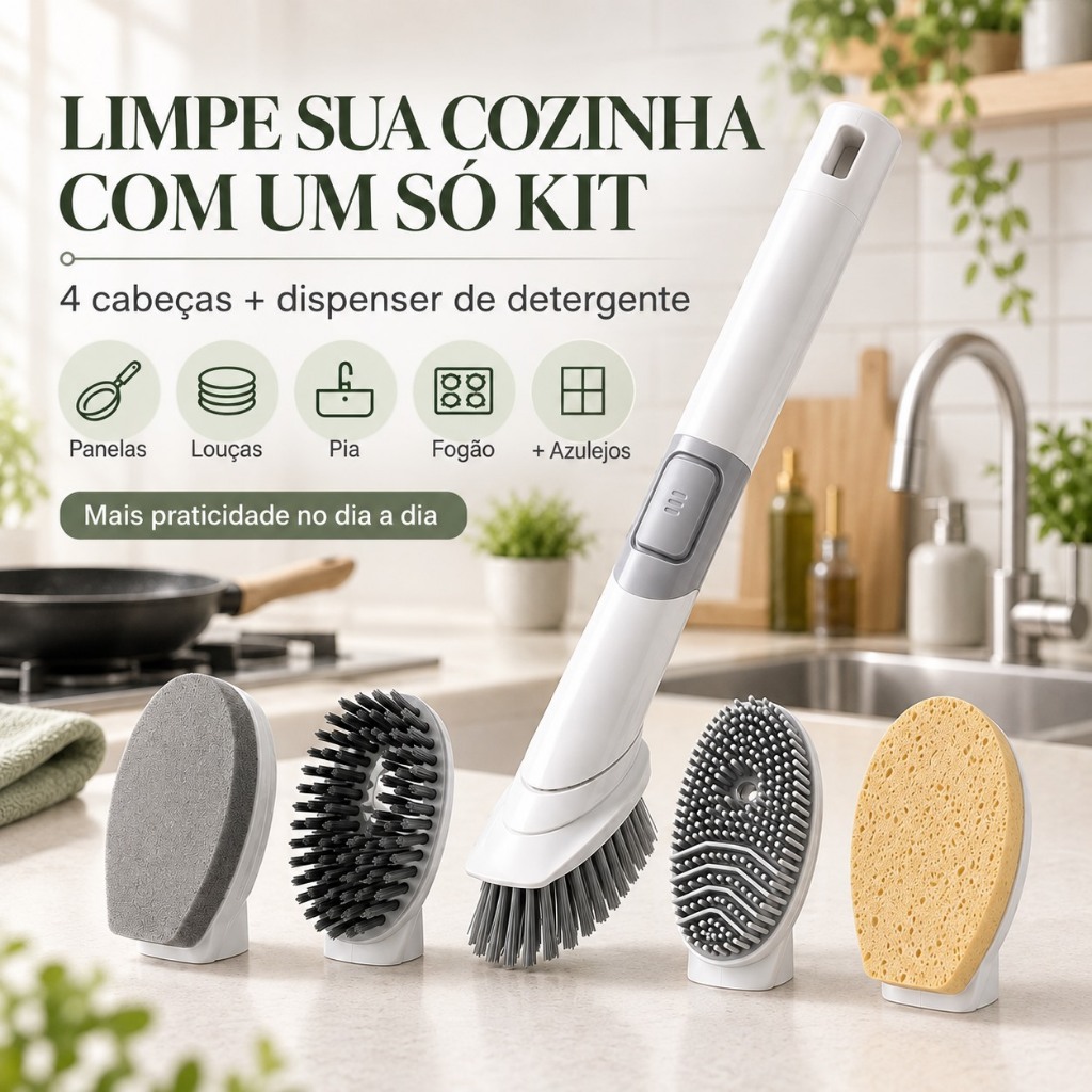 Escova de Limpeza 4 em 1 com Dispenser de Detergente para Louças e Pia
