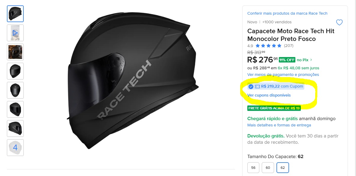 Capacete Race Tech Hit Monocolor Preto Fosco