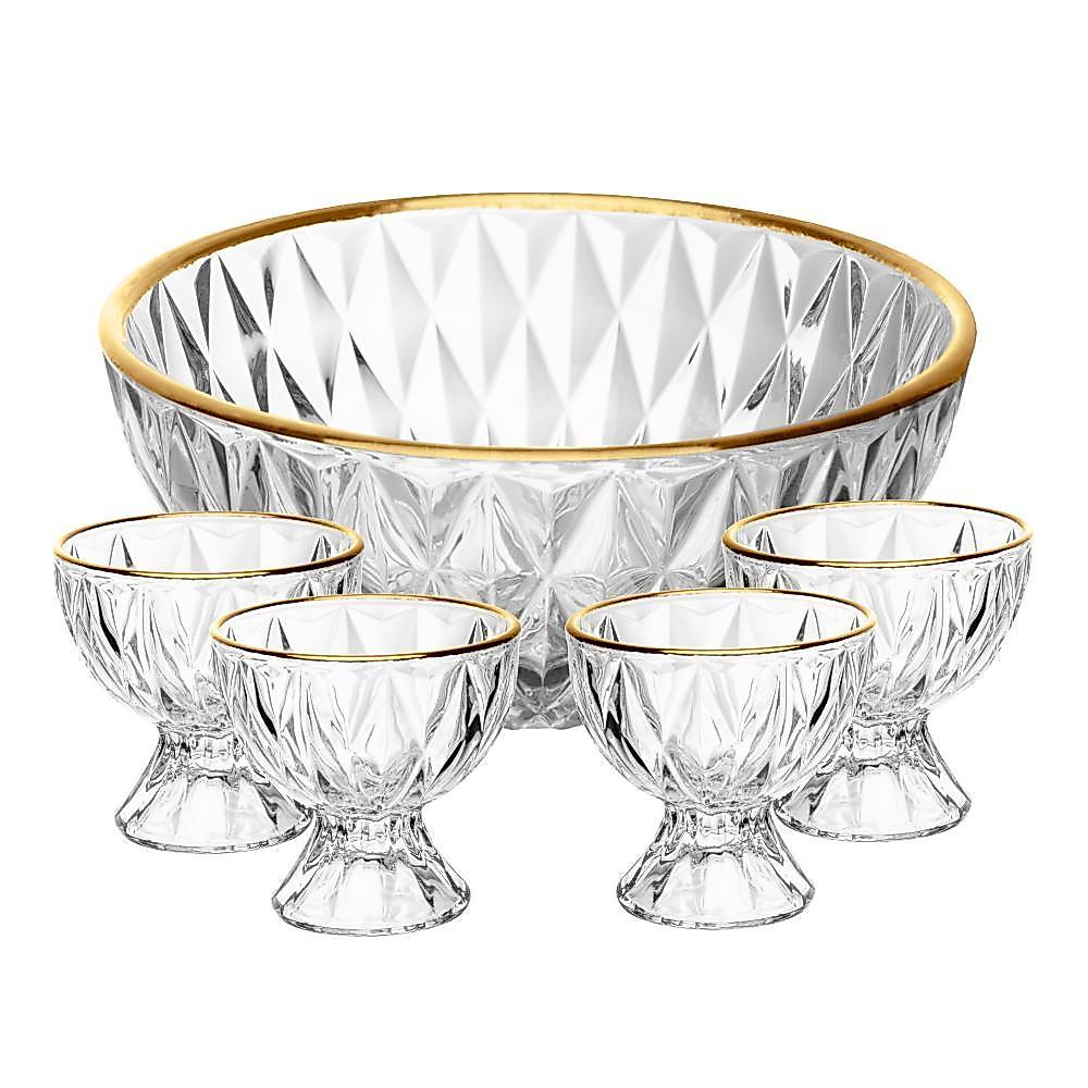 Conjunto 1 Bowl 1L e 4 Taças 120ml Diamond Lyor Cristal com Fio de Ouro 5 Peças