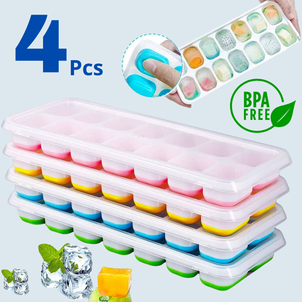 Kit 4 Formas de Gelo de Silicone com Tampa Rígida Flexível