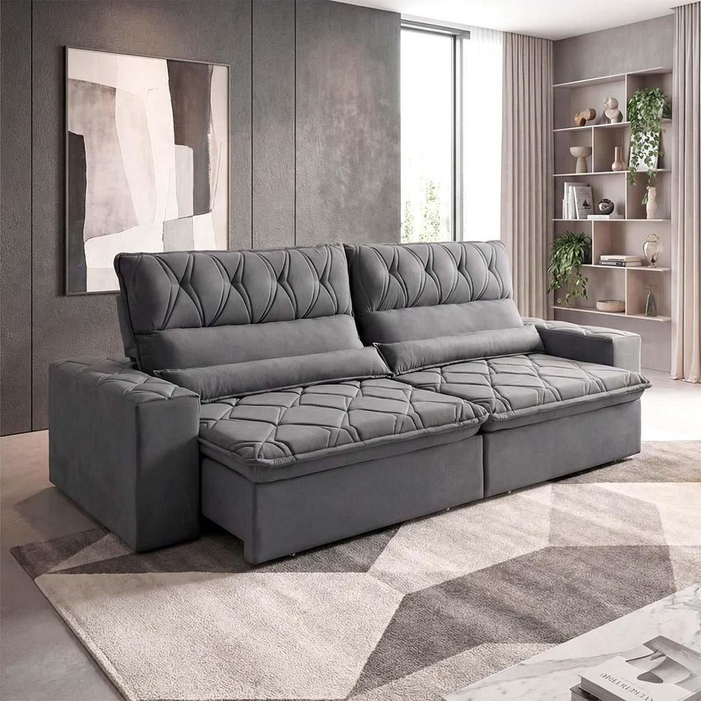 Sofa Retratil Reclinavel Franca 3,00m Suede Velut Cinza com Molas King House