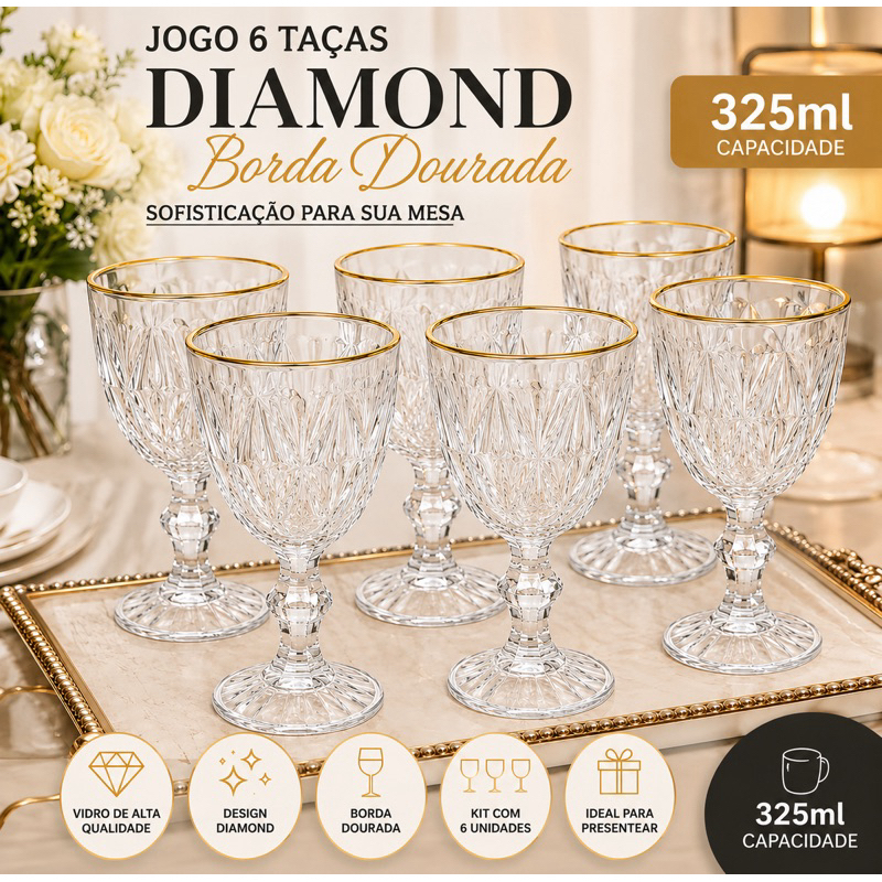 Jogo 6 Taças De Vidro 325ml Suco Vinho Água Diamond Qualidade 100% | Shopee Brasil