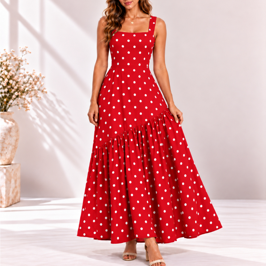 Vestido Longo Feminino Assimetrico com Bojo Listrado e Poa