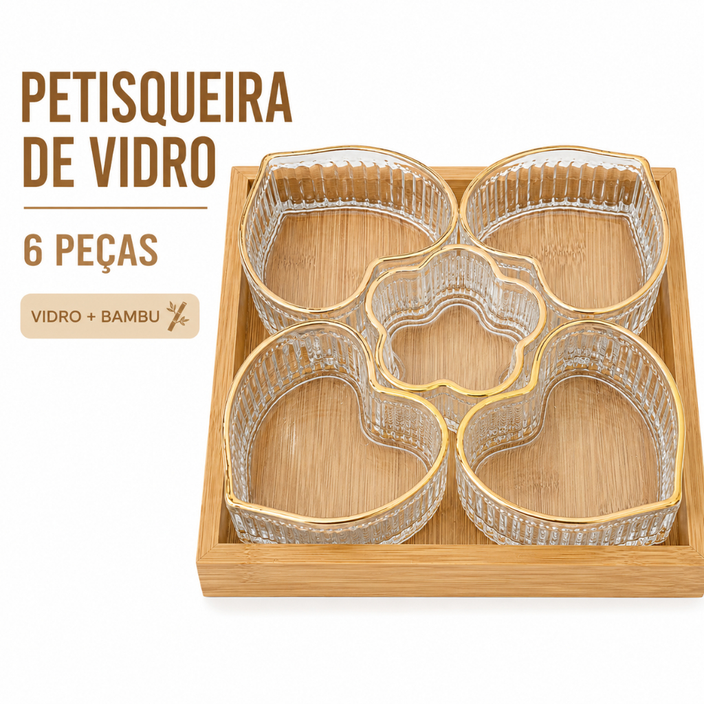 Petisqueira de Vidro 6 Peças com Bandeja de Bambu Tigelas Coração e Flor
