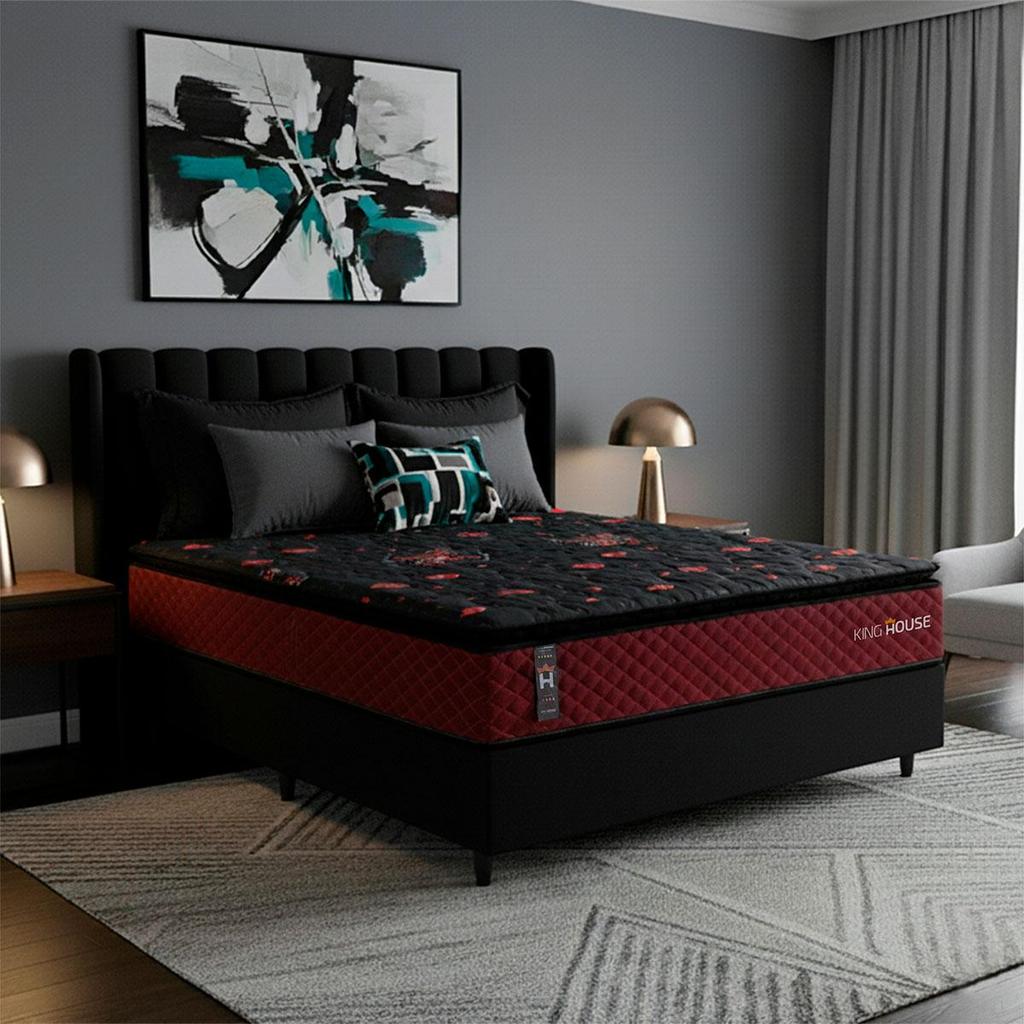 Conjunto Cama Box com Molas Ensacadas Toronto Casal 138x188x66 Vermelho