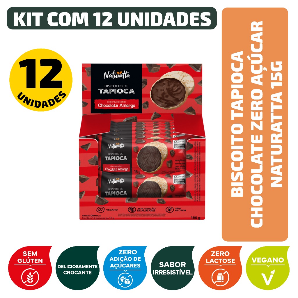 Biscoito de Tapioca Chocolate Zero Açúcar Vegano Naturatta 15g Kit 12 Unidades