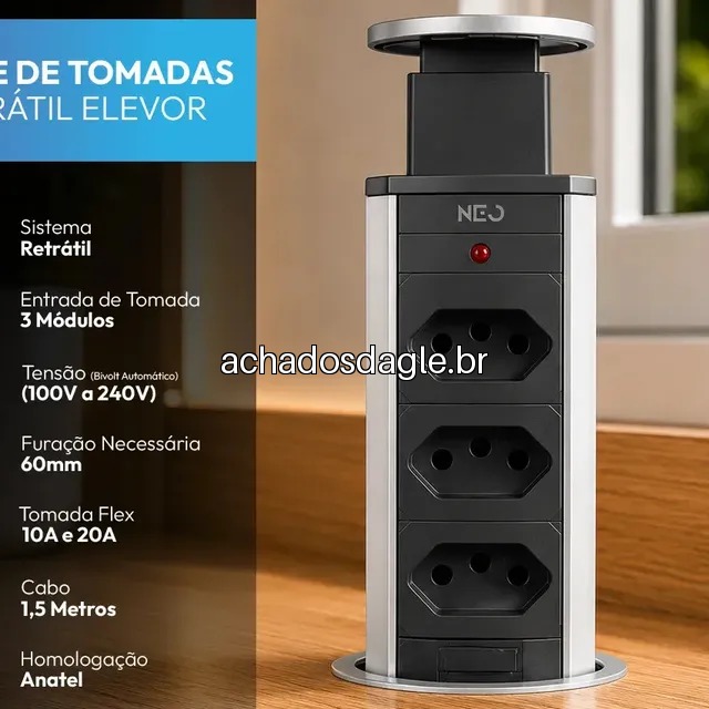 Torre 3 Tomadas Embutir Retrátil Elevor Para Bancada Cinza