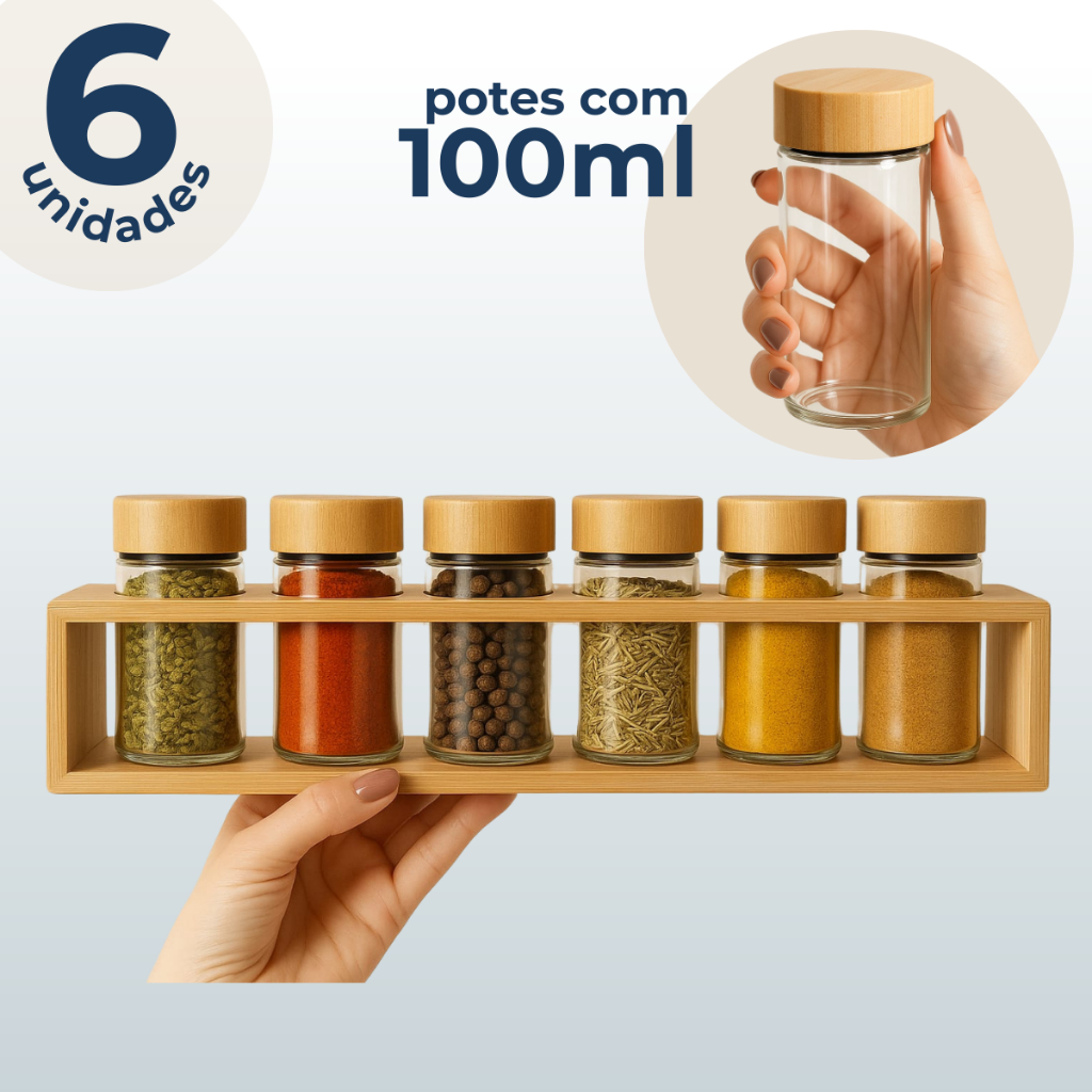 Kit 6 Potes de Vidro Porta Tempero 100ml com Suporte e Tampa em Bambu