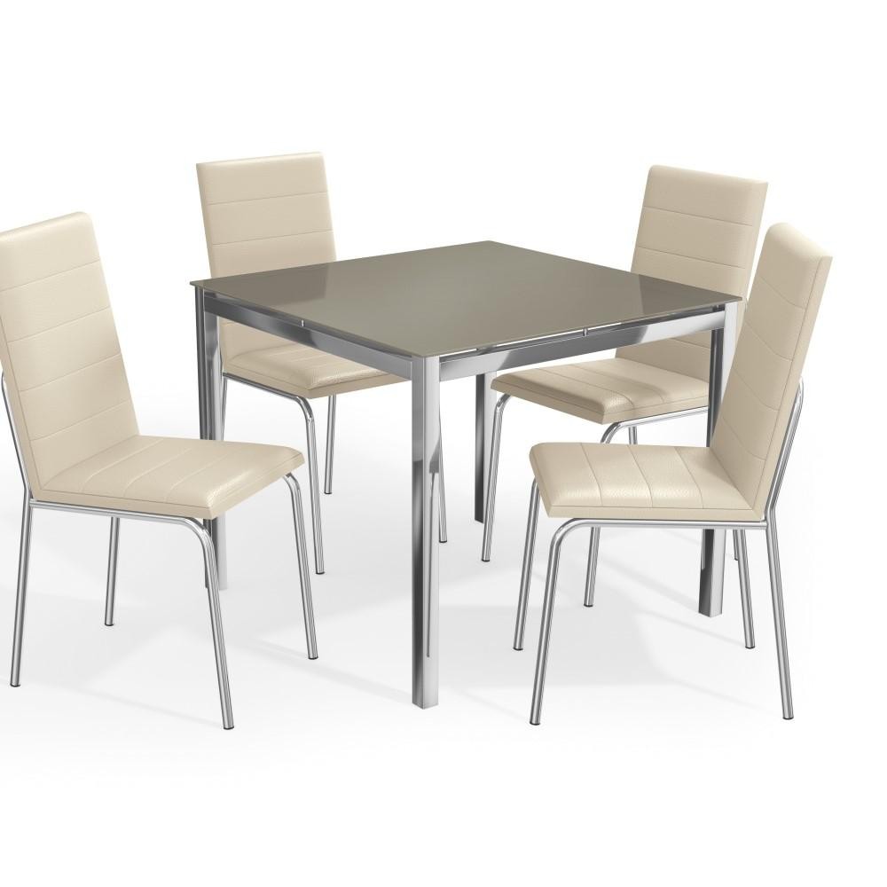 Kit Conjunto Mesa Quadrada 4 Cadeiras 90 x 90 cm Sala de Jantar Vidro Metal Cromado Nude
