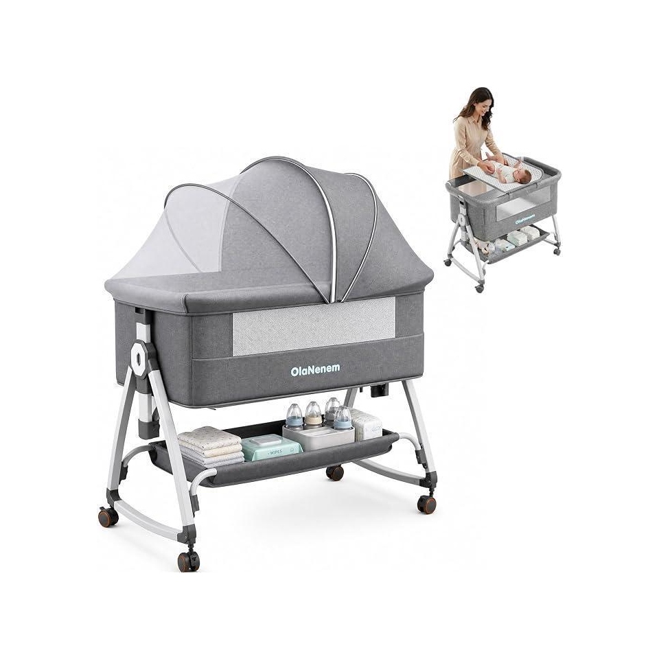 Oferta para Membros Prime: OLANENEM 6 em 1 Berço Portátil, Berço Moisés com Fraldário e Mosquiteiro, Berço Acoplado à Cama com Suporte Triangular de Aço Carbono, 6 Alturas e Inclinação Antirrefluxo 5°(Cinza)