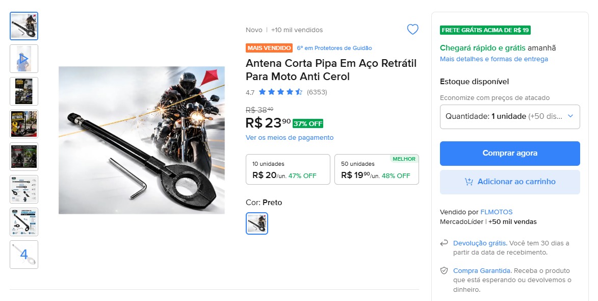 Antena Corta Pipa Retrátil em Aço para Moto