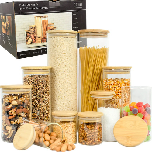 Kit 10 Potes Herméticos de Vidro com Tampa de Bambu 10498ml