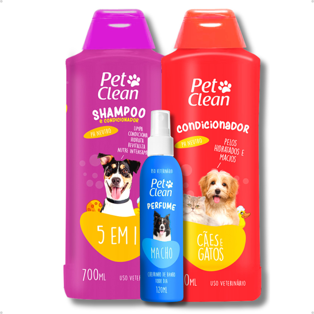 Kit Banho Pet Clean Shampoo 5 em 1, Condicionador e Perfume