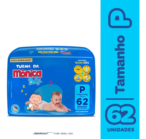 Fraldas Descartáveis Baby Quatrosec 62 Unidades P Turma da Mônica