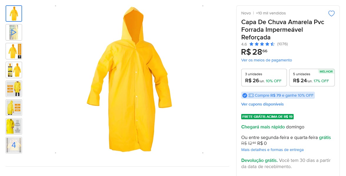 Capa de Chuva Amarela PVC Forrada Impermeável Reforçada