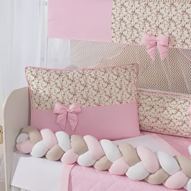 Kit Berço Trança Rosa com Lençol e Naninha Baby