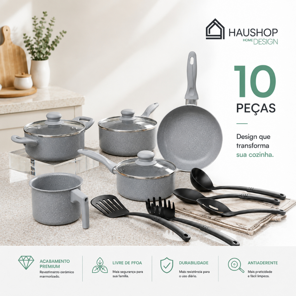 Jogo de Panelas Cerâmico Haushop 10 Peças Antiaderente
