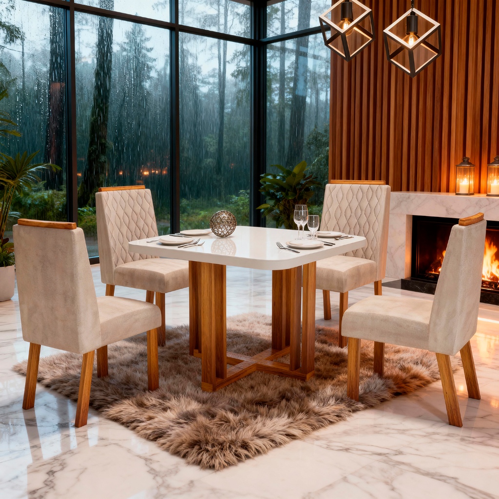 Sala de Jantar 90x90 Paola Tampo Off-White com 4 Cadeiras Bom Pastor