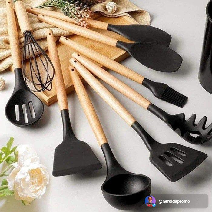 Kit 12 Utensílios de Cozinha Silicone Cabo Madeira