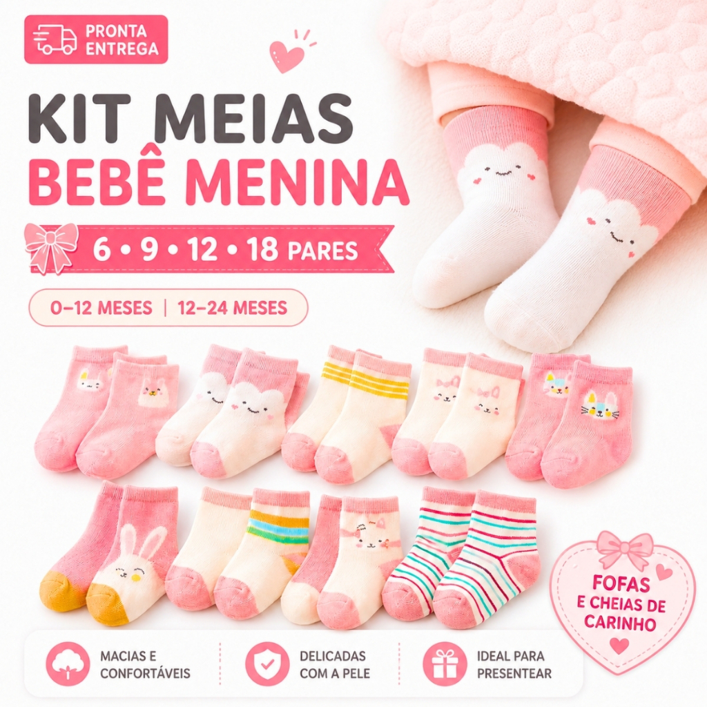 Kit 6/9/12/18 Pares De Meia Bebê Infantil Para Menina | Shopee Brasil