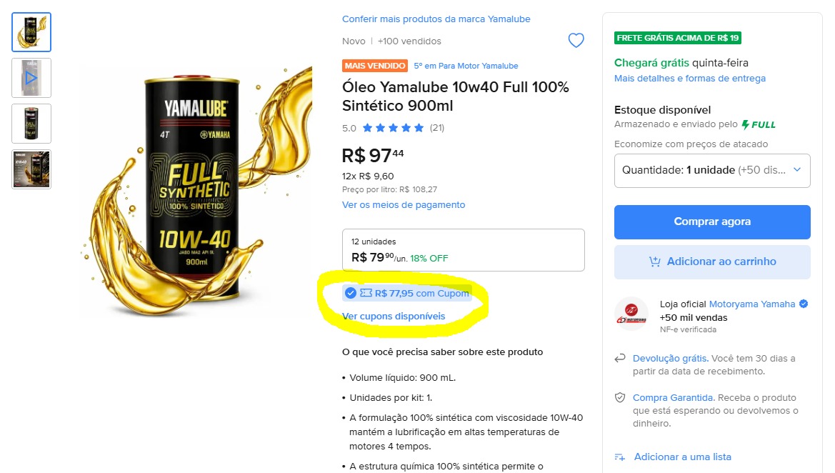 Óleo Yamalube 10w40 Full 100% Sintético 900ml
