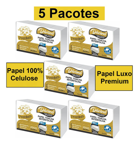 Papel Toalha Interfolha Divino Premium Luxo Branco 100% Celulose 5 Pacotes