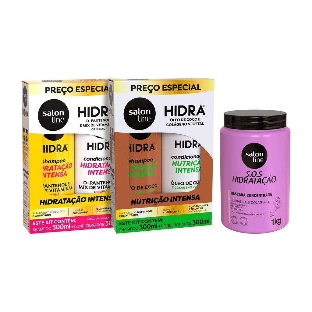 Kit 2 Shampoos e 2 Condicionadores Hidra + Máscara SOS Hidratação Bio-Reconstrução Salon Line